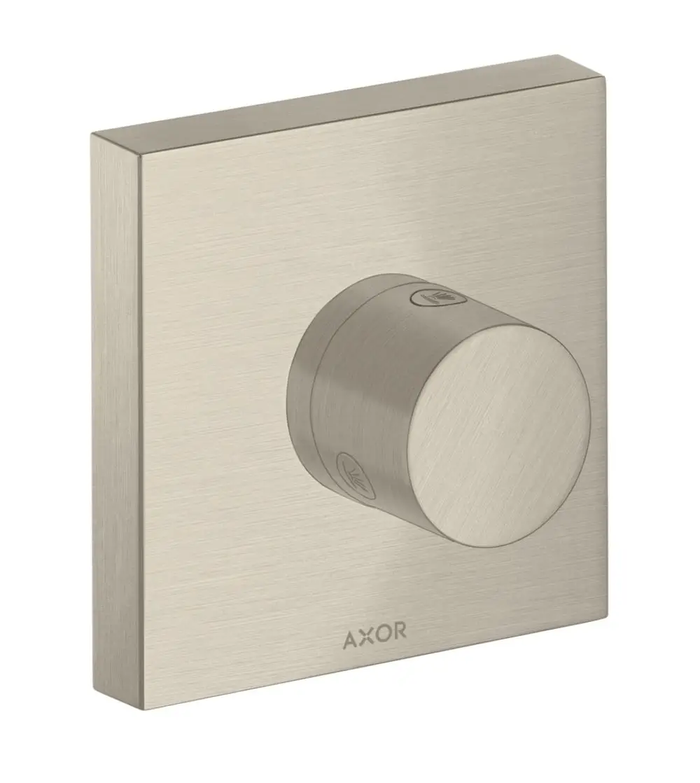 Unterputz-Ventil mit runder Betätigung, aus gebürstetem Nickel, montiert auf quadratischer Platte, mit AXOR-Logo auf der Vorderseite.
